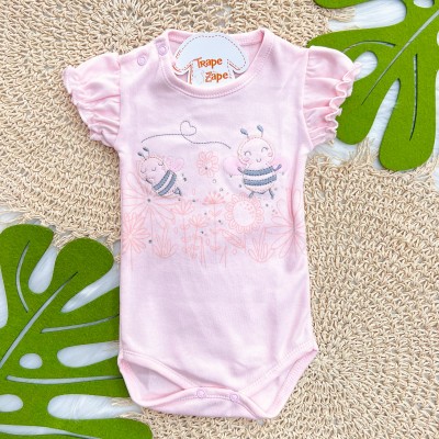 Kit 3 Peças - Bodys Manga Curta Abelha Fofa com Tule - Rosa, Off White e Rose